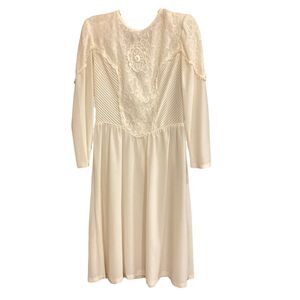 Vtg 1970s Gunne Sax Knockoff Dress LS Lace Grandma A-Line Wedding